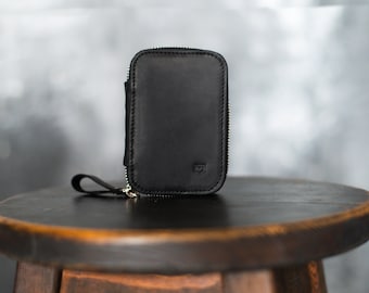 Monedero organizador de llaves de piel auténtica negra, estuche con cremallera personalizado, mini llavero