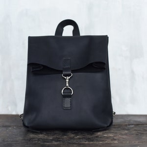 Small leather roll top backpack / Black women backpack, Men travel backpack, Mini backpack, School backpack purse, Vintage womens handbag image 3