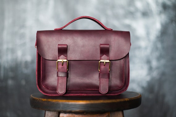 Small Leather Satchel, Women Crossbody Messenger Bag, Personalized Burgundy Shoulder Purse