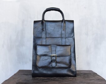 Black Full Grain Leather Laptop Backpack, Personalized Men Work Bag, Minimalist Women Handbag