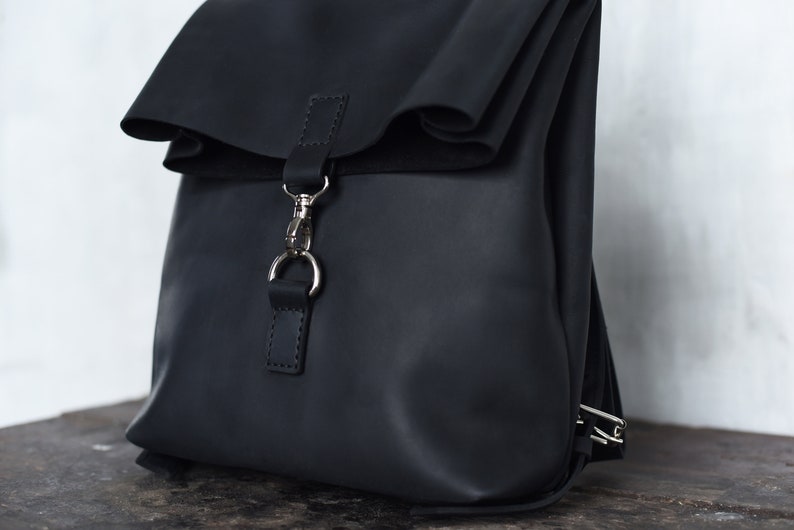 Small leather roll top backpack / Black women backpack, Men travel backpack, Mini backpack, School backpack purse, Vintage womens handbag image 4