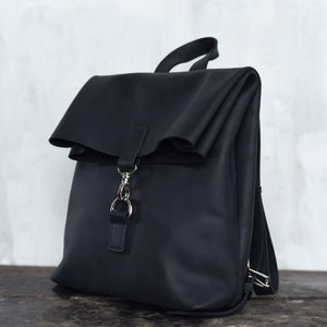 Small leather roll top backpack / Black women backpack, Men travel backpack, Mini backpack, School backpack purse, Vintage womens handbag