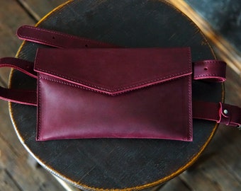 Small Burgundy Distressed Leather Fanny Pack, Envelope Crossbody Bag with Removable Strap, Women Clutch