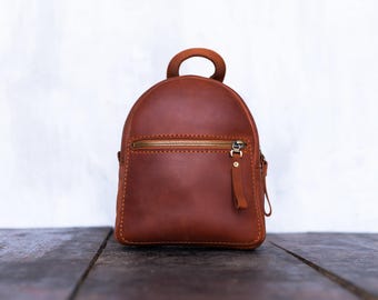 Mini Leather Backpack, Small Cognac Brown Women Purse  display picture 1