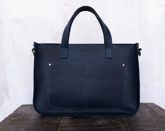 Large Navy Women Leather Handbag, Personalized Crossbody Messenger, 15-inch Laptop Shoulder Work Bag