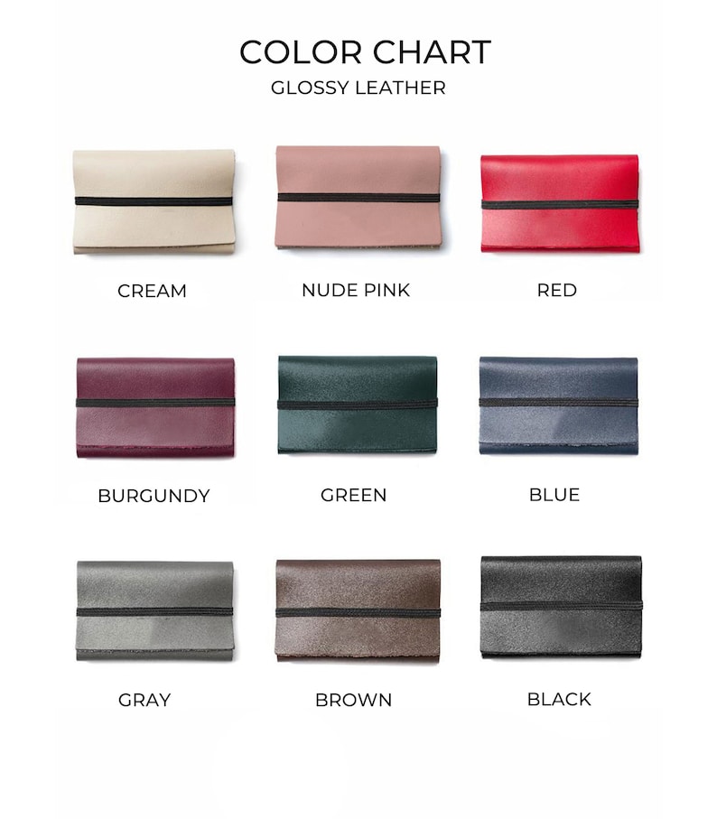 May include: Color chart showing nine different colors of glossy leather wallets. The colors are cream, nude pink, red, burgundy, green, blue, gray, brown, and black.