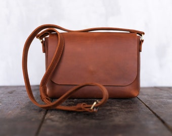 Small women leather crossbody bag / Brown shoulder bag purse, Mini satchel, Minimalist womens bag, Leather messenger handbag, Cross body bag