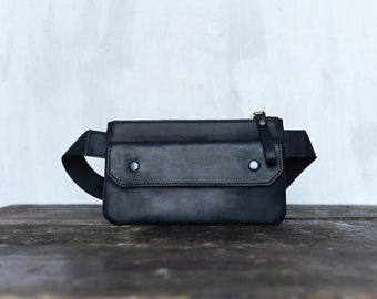 Kleine schwarze Leder Gürtel Geldbörse, Mini Crossbody Bag, Vintage Bauchtasche, Frauen Taille Geldbörse