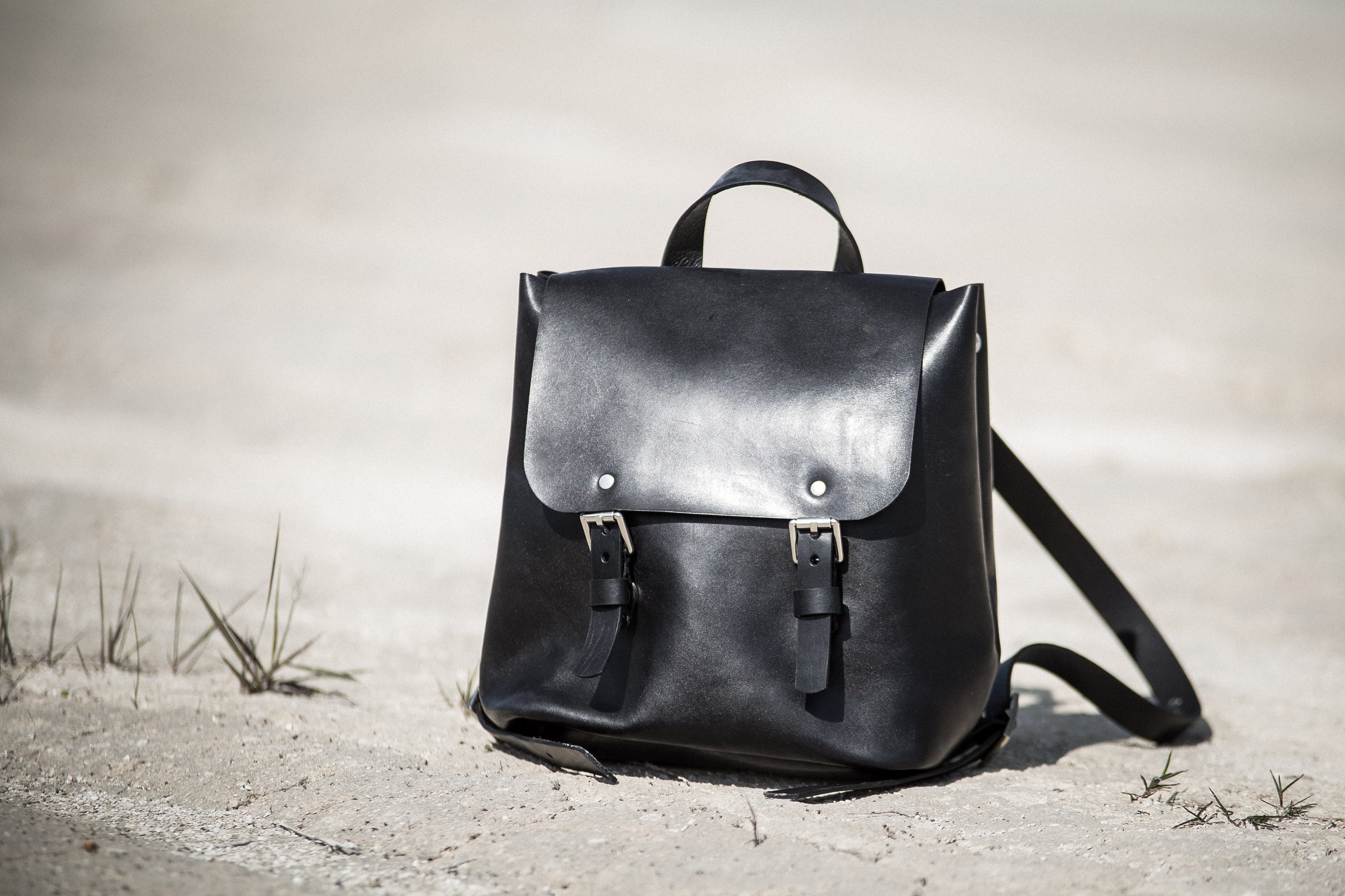 Small Full Grain Leather Backpack, Black Minimalist Bag With 
