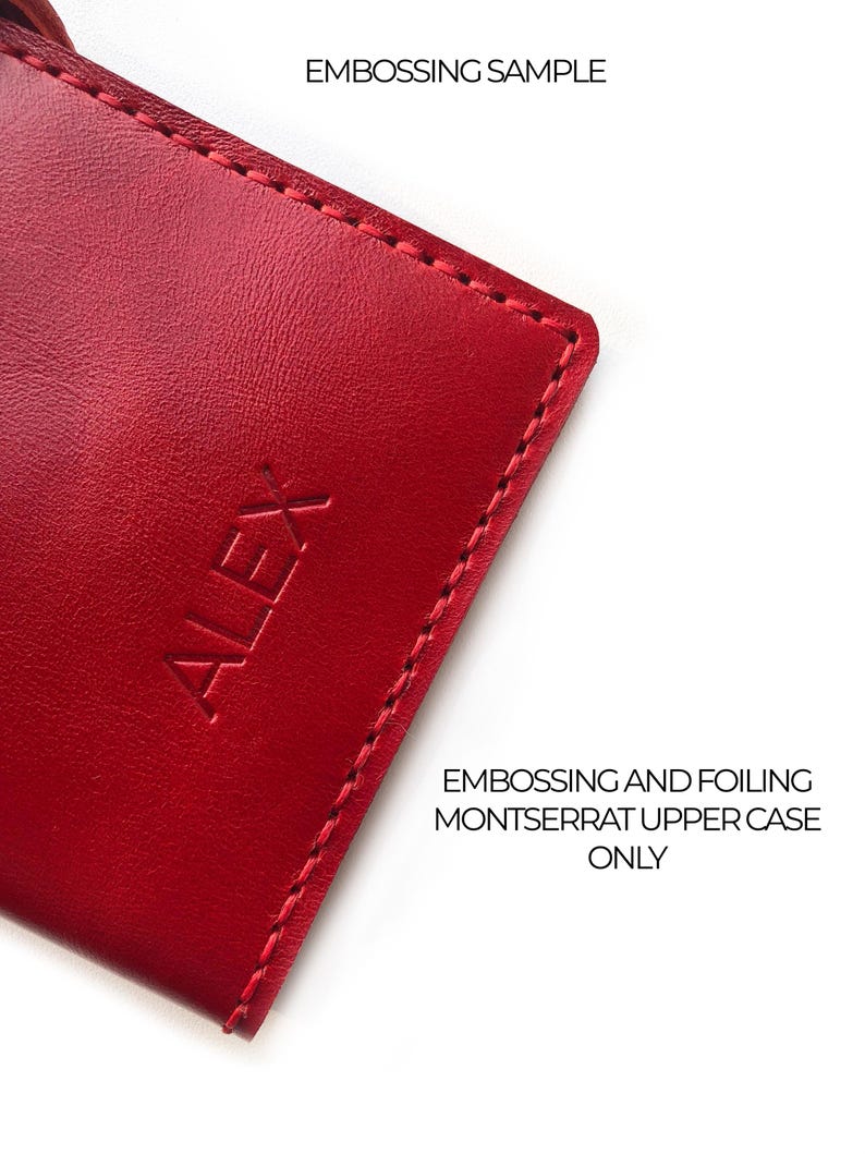 May include: Close-up of a red leather item with the embossed name "ALEX". The item has a stitched border and text that reads "EMBOSSING SAMPLE" and "EMBOSSING AND FOILING MONTSERRAT UPPER CASE ONLY".