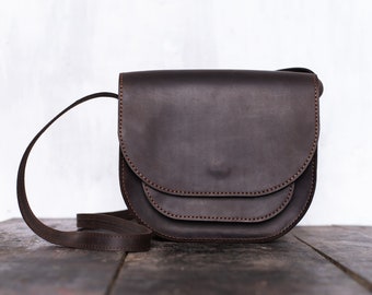 Small Distressed Leather Saddle Bag, Dark Brown Crossbody Satchel, Personalized Women Shoulder Purse