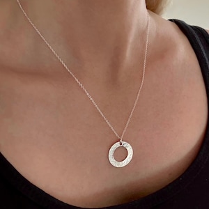 Silver Hammered Pendant Necklace, Silver Circle Necklace, Gift for her