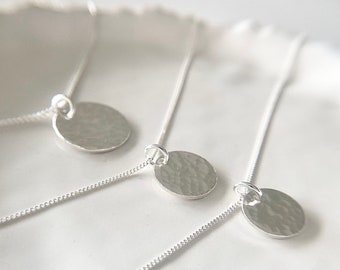 Silver Minimalist Layering Disc Necklace, Handmade Hammered Pendant Necklace, Gift for her
