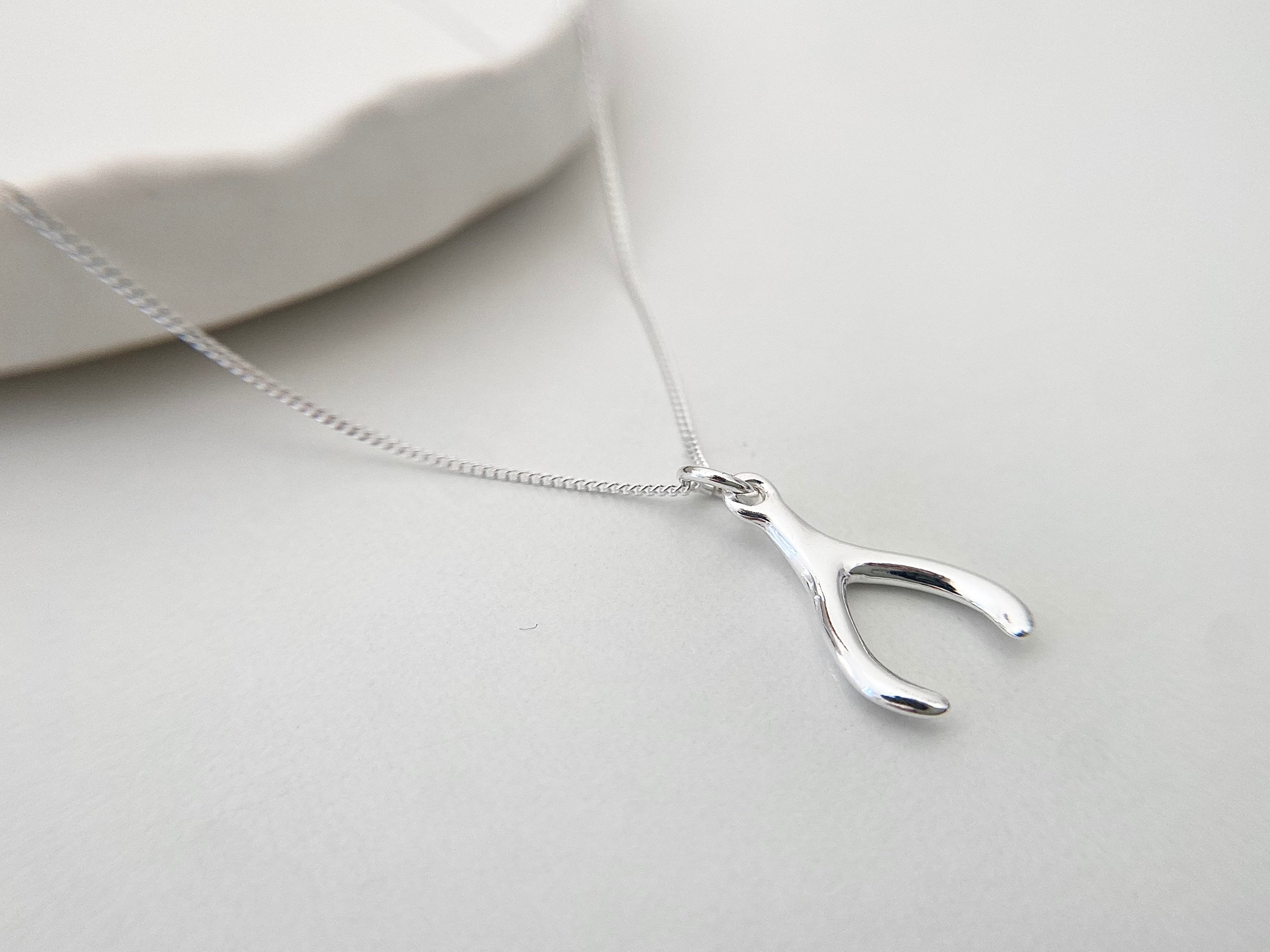 Two Tone Sterling Silver Wishbone & Heart Pendant Necklace