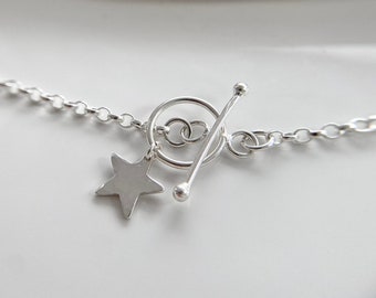Sterling Silver T-Bar Star Necklace, Silver Lariat Necklace, Gift for her