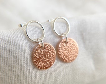 Textured Copper Disc Earrings on Sterling Silver, Handmade Jewellery