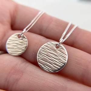 Silver Disc Necklace Line Texture, Handmade Hammered Pendant Necklace, Gift for her