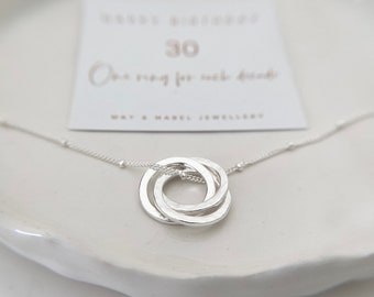 30th Birthday Three Ring Sterling Silver Satellite Chain Necklace, Gift for her