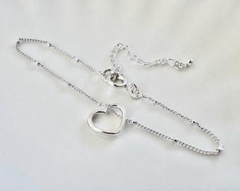 Sterling Silver Adjustable Satellite Chain Heart Bracelet, Gift for her