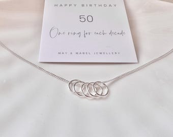 50th Birthday Necklace: Sterling Silver Five Ring Pendant