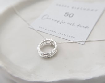 50th Birthday Five Decades Silver Necklace, Circle Necklace, Gift for her