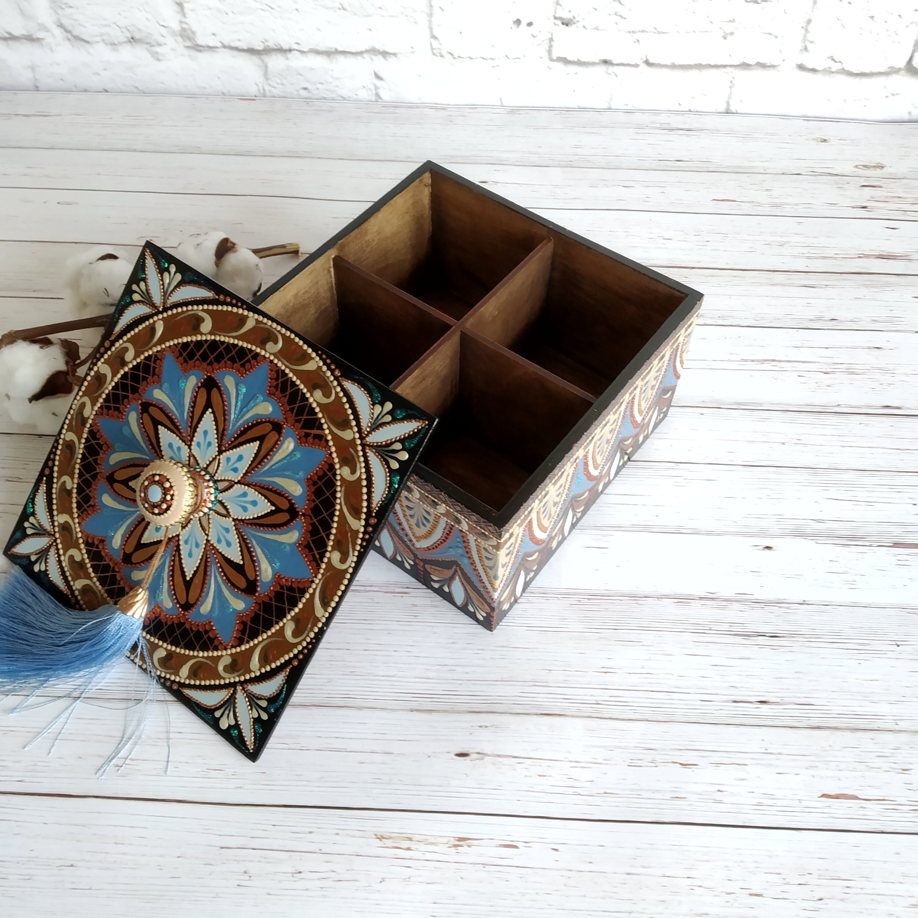 Decoupage tea box 4 compartments Wooden tea box Tea box Wooden Etsy
