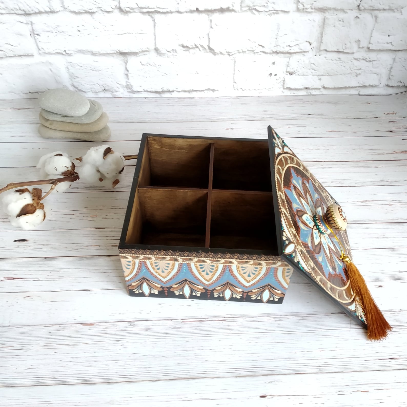 Decoupage tea box 4 compartments Wooden tea box Tea box Wooden Etsy