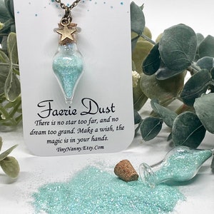 Faerie Dust, Fairy Dust Necklace, Glass Corked Bottle Pendant, Gossamer Green, 18 inch Chain