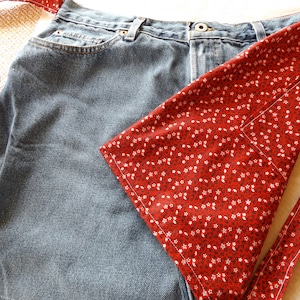 Reversible Upcycled Waist Apron Denim Jeans and Red Calico, Double Sided Repurposed Half Jeans Apron with Long Fabric Ties and Pockets