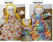 Topsy-Turvy Handmade Doll w Curls and Braid Blonde Hair, Reversible 2-in-1 Soft Cloth Flip Doll, Day Night Cotton Fabric Pink Baby Doll