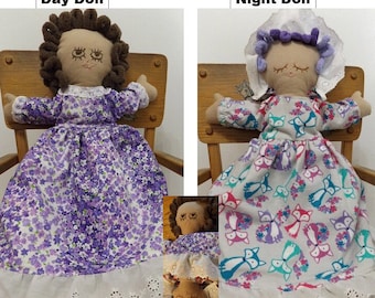 Topsy-Turvy Handmade Tan Doll w Curly Brown Hair and Eyes, Reversible 2-in-1 Soft Cloth Flip Doll, Day Night Cotton Fabric Baby Doll