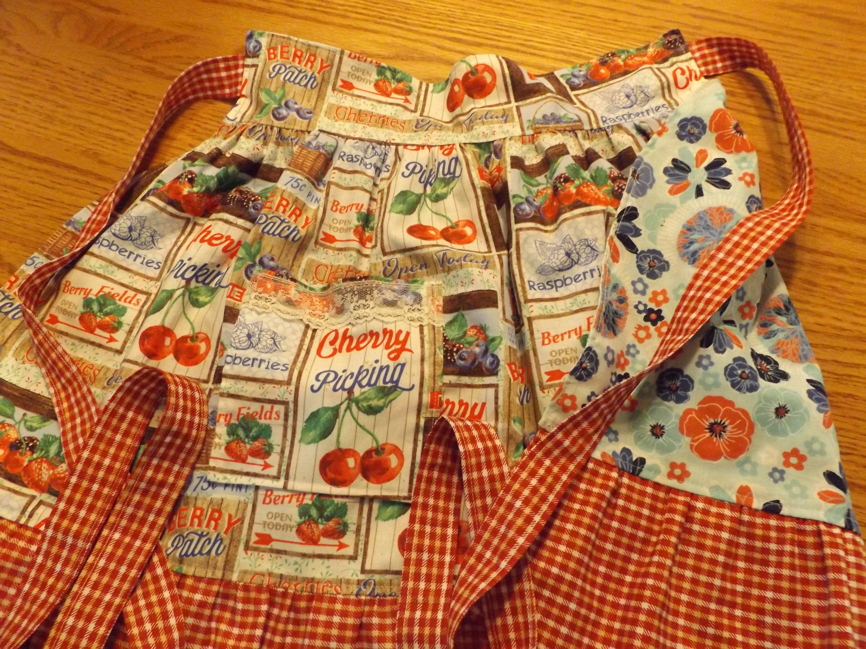 Reversible Retro Waist Apron, Berry Patch & Floral, Checkered Cotton Ties