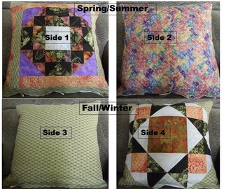 Reversible 4-in-1 Pillow Cover Asian-inspired for 14 x 14-inch pillow, All Seasons Cotton Patchwork Quilted Pillow