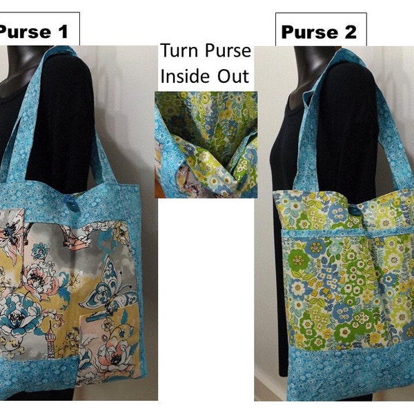 2-in-1 Handmade Retro Tote Bag in Turquoise Paris and Floral, Reversible Cotton Fabric Medium Shoulder Purse for Spring and Summer