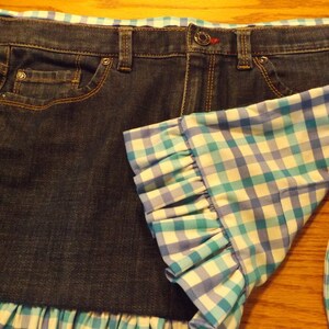 Reversible Upcycled Waist Apron Denim Jeans and Blue Checks, Double Sided Repurposed Half Jeans Apron with Long Fabric Ties and Pockets