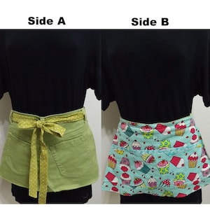 Reversible Upcycled Small Waist Apron Green Denim and Cupcakes, Double Sided Repurposed Half Jeans Apron with Long Fabric Ties and Pockets