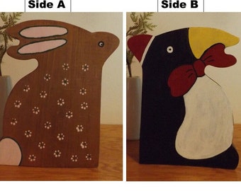 Reversible Animal Wooden Shelf Décor, 2-in-1 Spring Easter Bunny and Winter Christmas Penguin Whimsical Folk Art Wood Cutout Sign