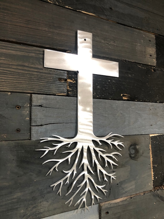 Raw Aluminum Cross With Roots - Religious Metal Wall Art - Etsy