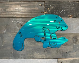 Manatee with Baby Metal Wall Art: Tropical Coastal Decor