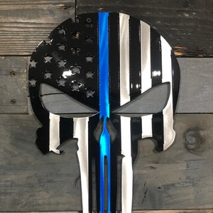 Punisher, Blue Line Flag, Police, Back the Blue, Thin Blue Line, Wall Art, Metal Sign, Metal Art, Made in USA, Thanksgiving