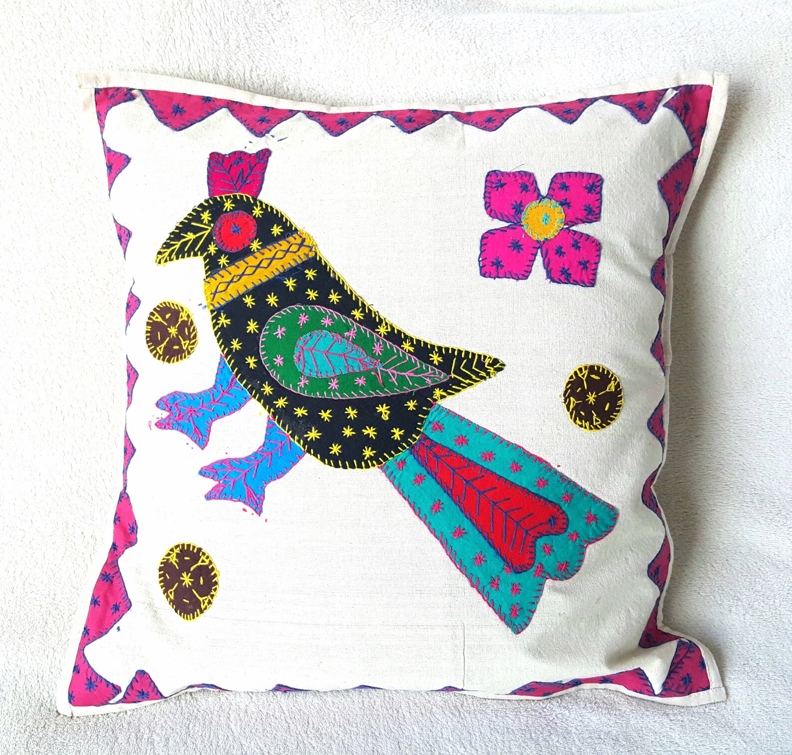 Bird Cushion Covers Handmade Embroidered Patchwork Cotton Etsy