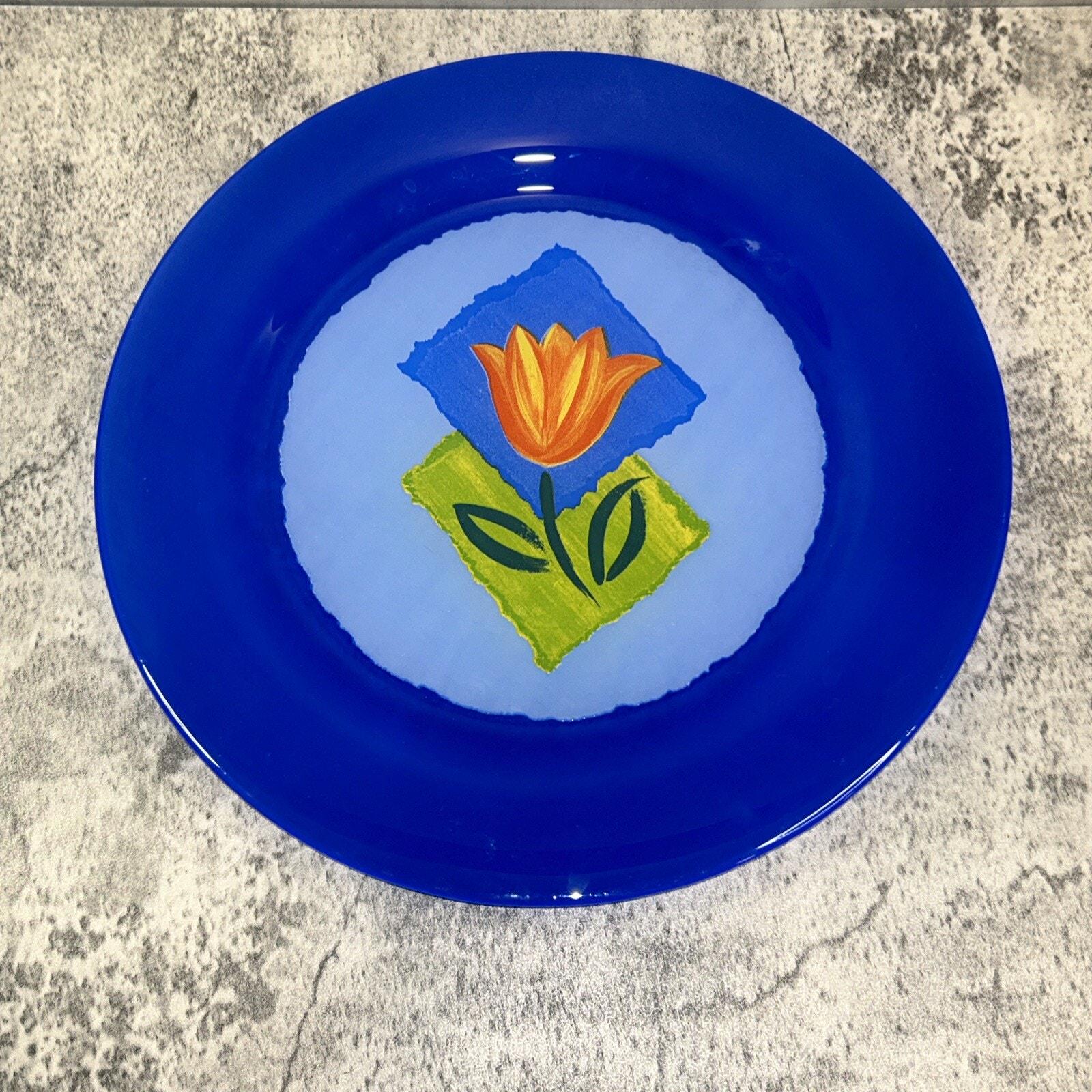 Arcoroc Blue Painted Tulip Glass Dinner Plate France Vintage