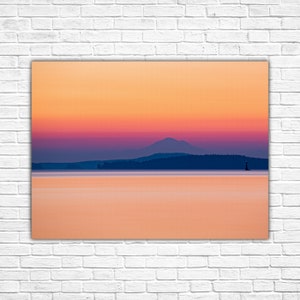 Pacific Northwest art, Creamy Sunrise, relaxing wall art, Mountain, Sea, Stretched Canvas