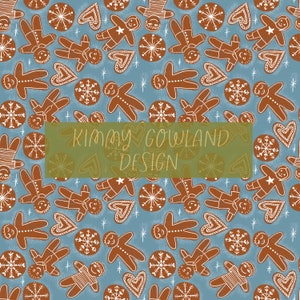 May include: A repeating pattern of gingerbread men, snowflakes, and hearts in shades of brown and white on a light blue background. The design includes the text "Kimmy Gowland Design" in a green rectangle.