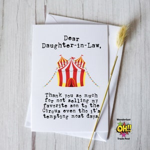 Funny Daughter in Law from Mother in Law Card, Daughter in Law Gift Card, Funny Gift From Mom, Sell My Son To The Circus Funny Card For Her