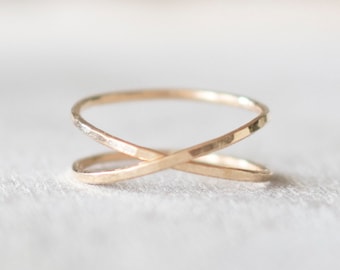 Super Thin Hammered Gold X Ring, Gold Filled Ring, Gold Criss Cross Ring, Dainty Gold Ring, 14k Gold Rings for Women