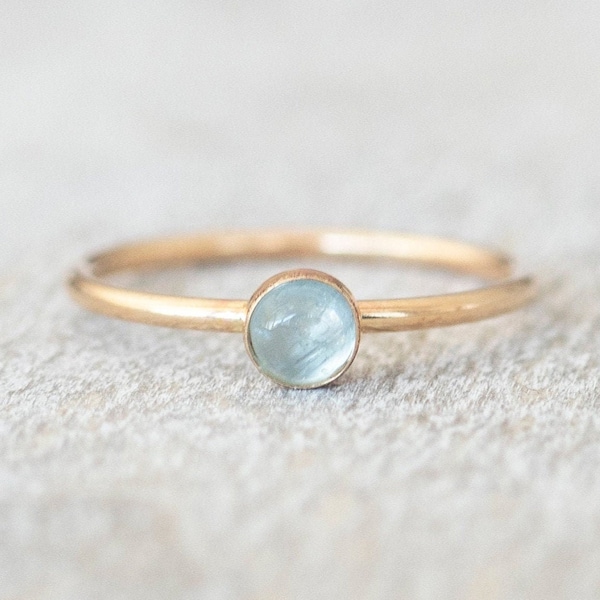 Thin Gold 4mm Aquamarine Ring, Dainty Gold Filled Ring, 14k Gold Rings for Women, Gold Stackable Rings, March Birthstone Ring