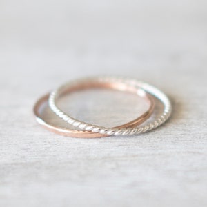 Super Thin Rose Gold and Silver Rings, Rose Gold Filled Hammered Ring, Silver Twist Ring, Stacking Ring Set