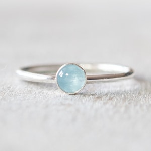 Thin Silver 4mm Aquamarine Ring, Dainty Silver Ring, Small Gemstone Bezel Ring, March Birthstone Ring, Silver Rings for Women image 1