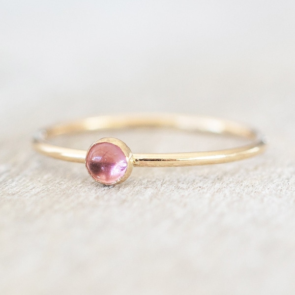 Super Thin Gold 3mm Pink Tourmaline Ring, Dainty Gold Filled Ring, 14k Gold Rings for Women, Gold Stacking Rings, October Birthstone Ring